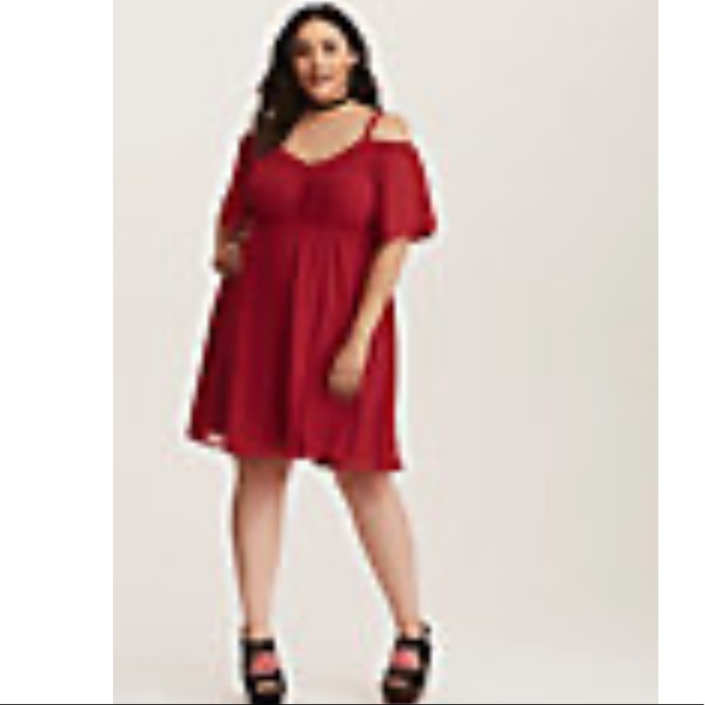 Torrid Red Chiffon Embroidered Skater Dress